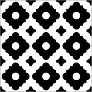 A black and white pattern of flowers.