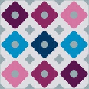 A square image of a quilt with nine different colors.