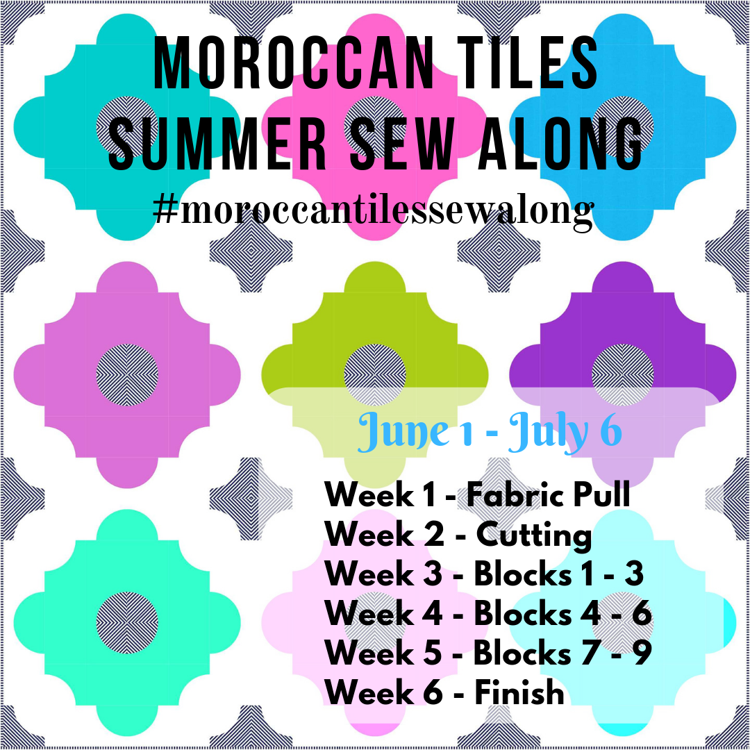 A series of fabric pull blocks with the words " moroccan tiles summer sew along ".