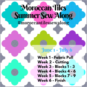 A series of fabric pull blocks with the words " moroccan tiles summer sew along."