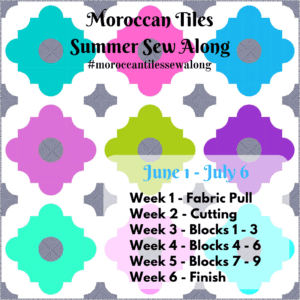A series of fabric pull blocks with the words " moroccan tiles summer sew along ".