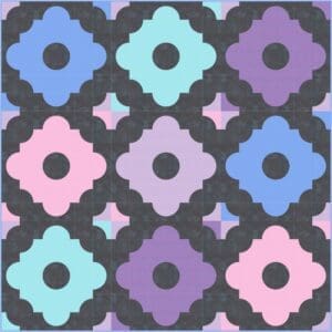 A pattern of flowers in purple, blue and pink.
