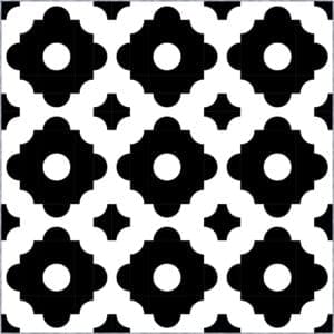 A black and white pattern of flowers.