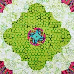 A green and pink flower with many circles