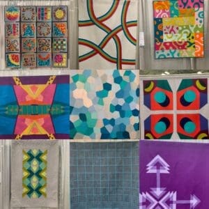 A series of nine different quilts with geometric designs.