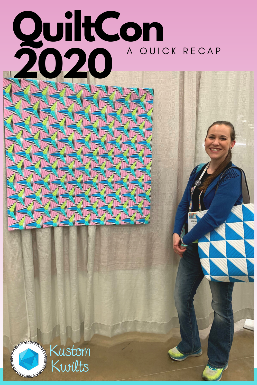 A woman standing next to a pink and blue wall.