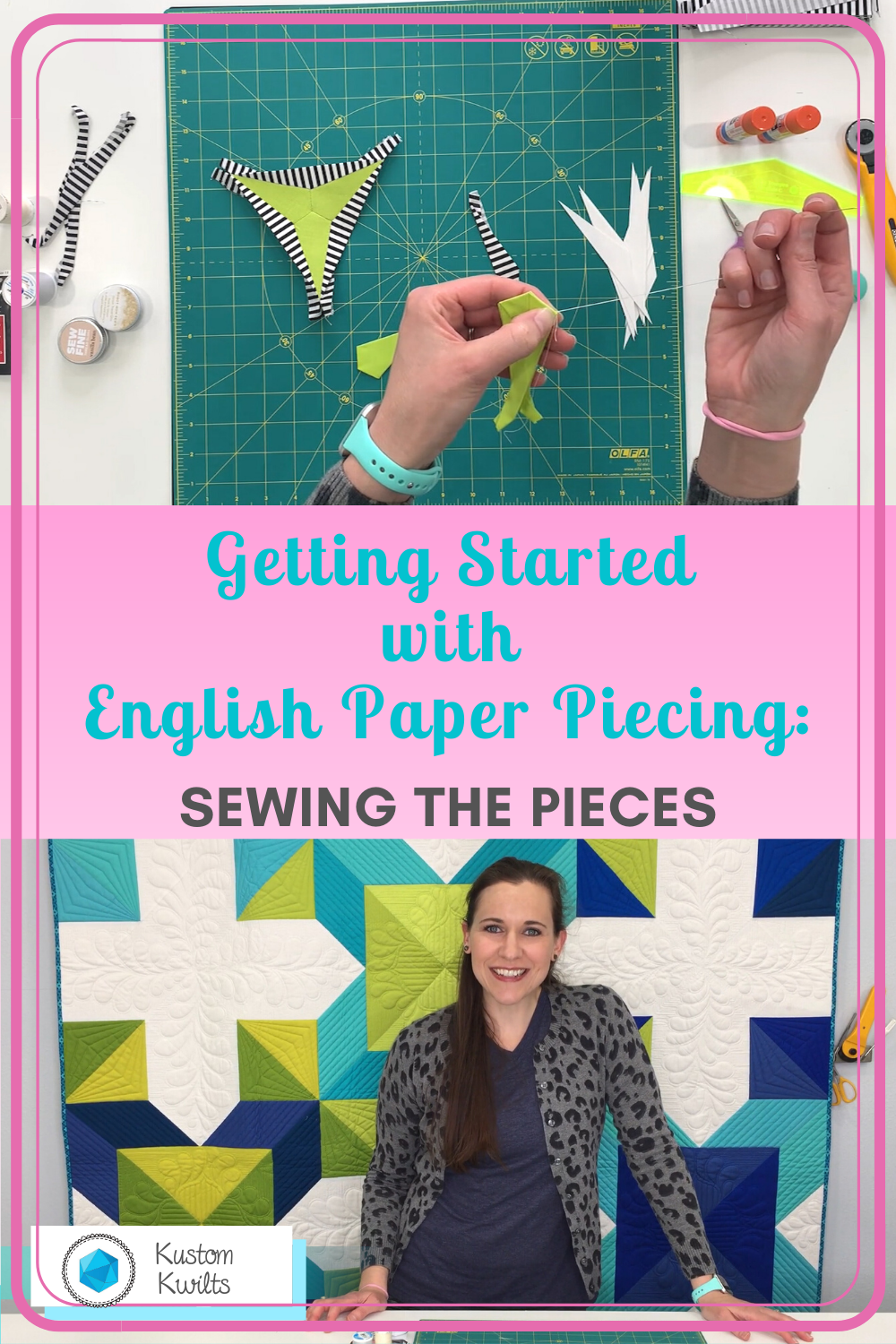 A woman is sewing paper pieces on the wall.