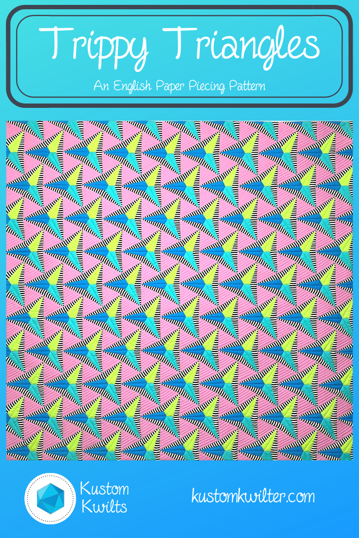 A pink and blue background with green triangles.