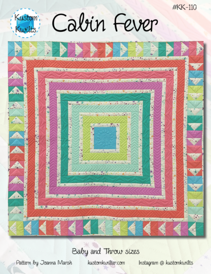 cover of cabin fever quilt pattern with quilt made from bright solid colors