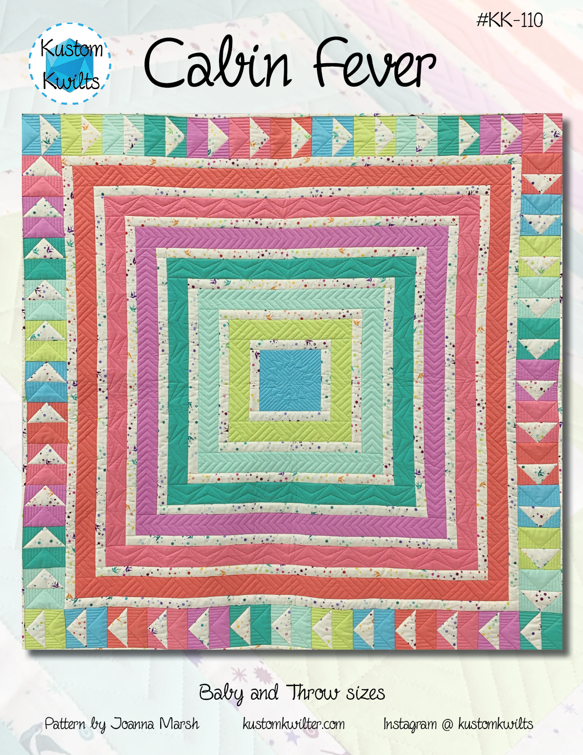 A colorful square quilt with different colored borders.