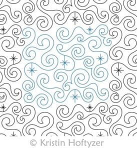 A quilt block with swirls and stars on it.