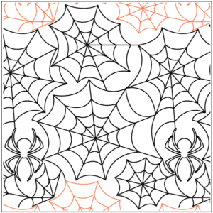 A pattern of spiders and webs on a white background.