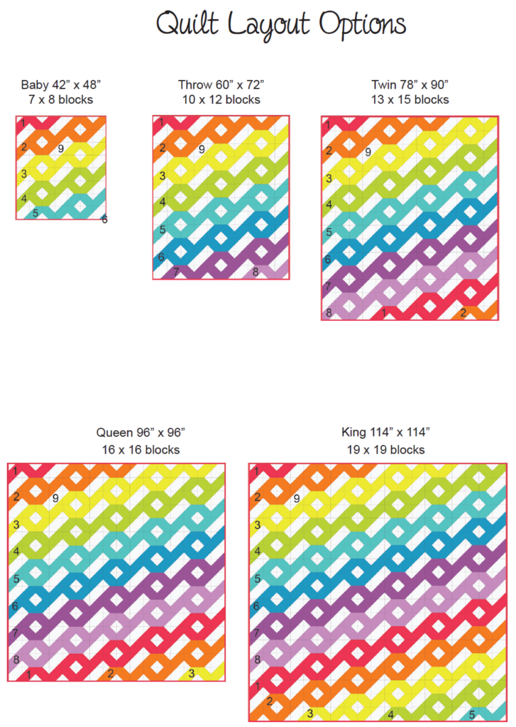 various size options of the hurricane quilt pattern from baby to king size