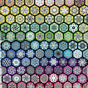 A series of hexagons with different colors and designs.