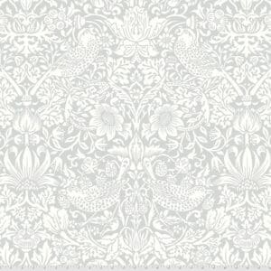 A white floral pattern with birds on it.