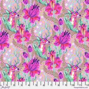 A pink and purple floral pattern with deer.