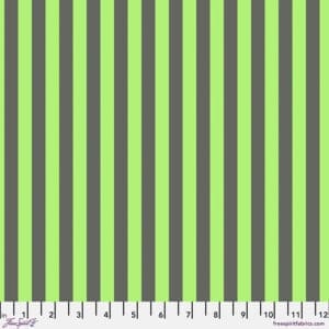 A green and grey striped fabric background.