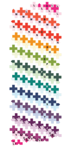 A series of crosses are arranged in the same color scheme.