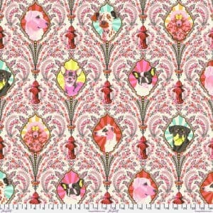 A pink and red pattern with different colored flowers.