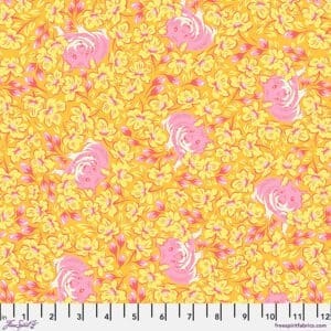 A yellow and pink floral pattern on fabric.
