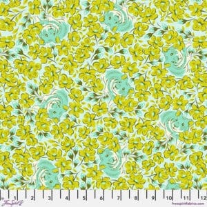 A green and yellow floral pattern on fabric.