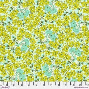 A green and yellow floral pattern on fabric.