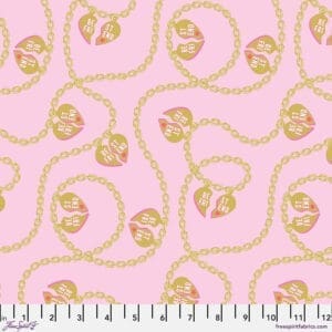 A pink background with gold chains and flowers.
