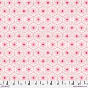 A pink and white pattern with red flowers.