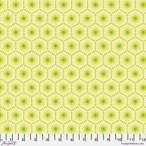 A yellow and green pattern is shown on fabric.