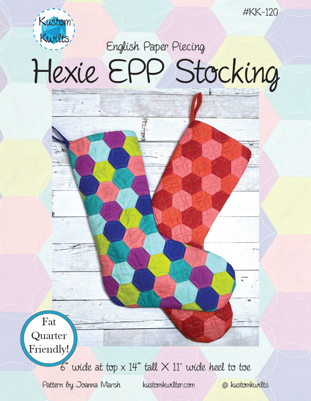 Multi color stocking sewn from hexagon shapes and a coral one as well