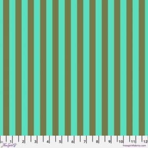 A green and brown striped fabric background.
