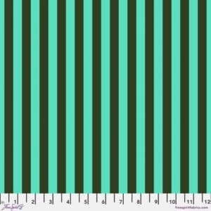A green and black striped fabric background.