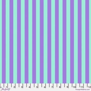 A purple and blue striped fabric with a white background.