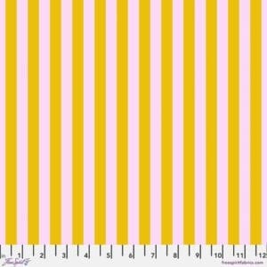 A pink and yellow striped fabric with white stripes.
