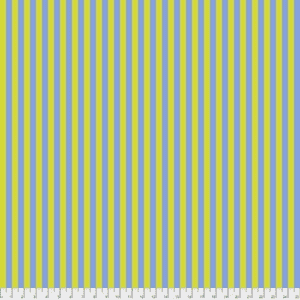 A yellow and blue striped fabric with white polka dots.