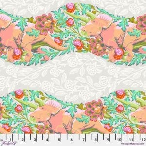 A pink and green floral pattern on the side of a white background.
