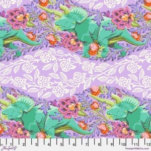 A purple and green floral pattern with white background.