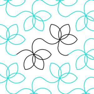 A pattern of blue and black flowers on white background.