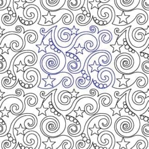 A pattern of swirls and stars with the moon in the background.