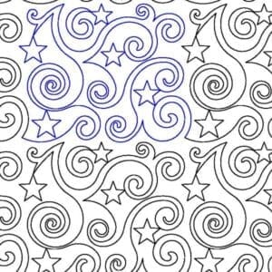A pattern of swirls and stars on the same color.