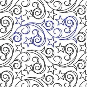 A pattern of swirls and stars on the same color.