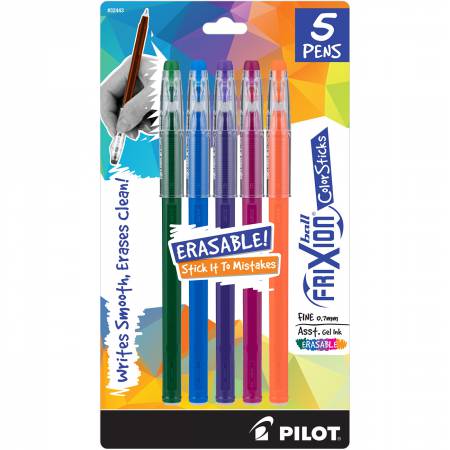 A package of five pilot frixion pens in different colors.