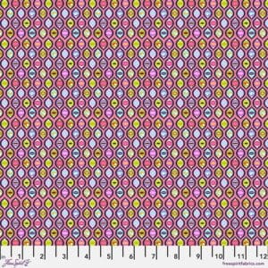 A pink and yellow pattern with many circles.