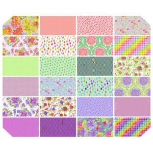 A colorful collage of patterned fabric squares with floral and geometric designs.