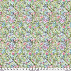 Floral fabric with green background and pink, blue accents.