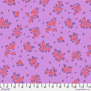Purple fabric with pink floral pattern and small black details.