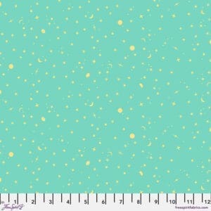 Light blue fabric with scattered yellow dots and star shapes.