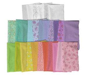 A collection of colorful and patterned fabric pieces arranged neatly.