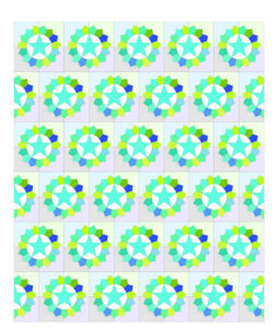 Colorful geometric pattern with star and flower motifs in blue, green, and yellow.