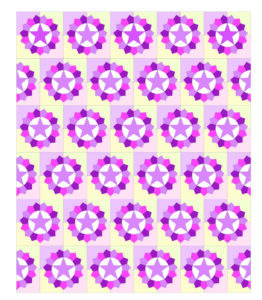 Bright pink and purple geometric floral pattern on a light background.
